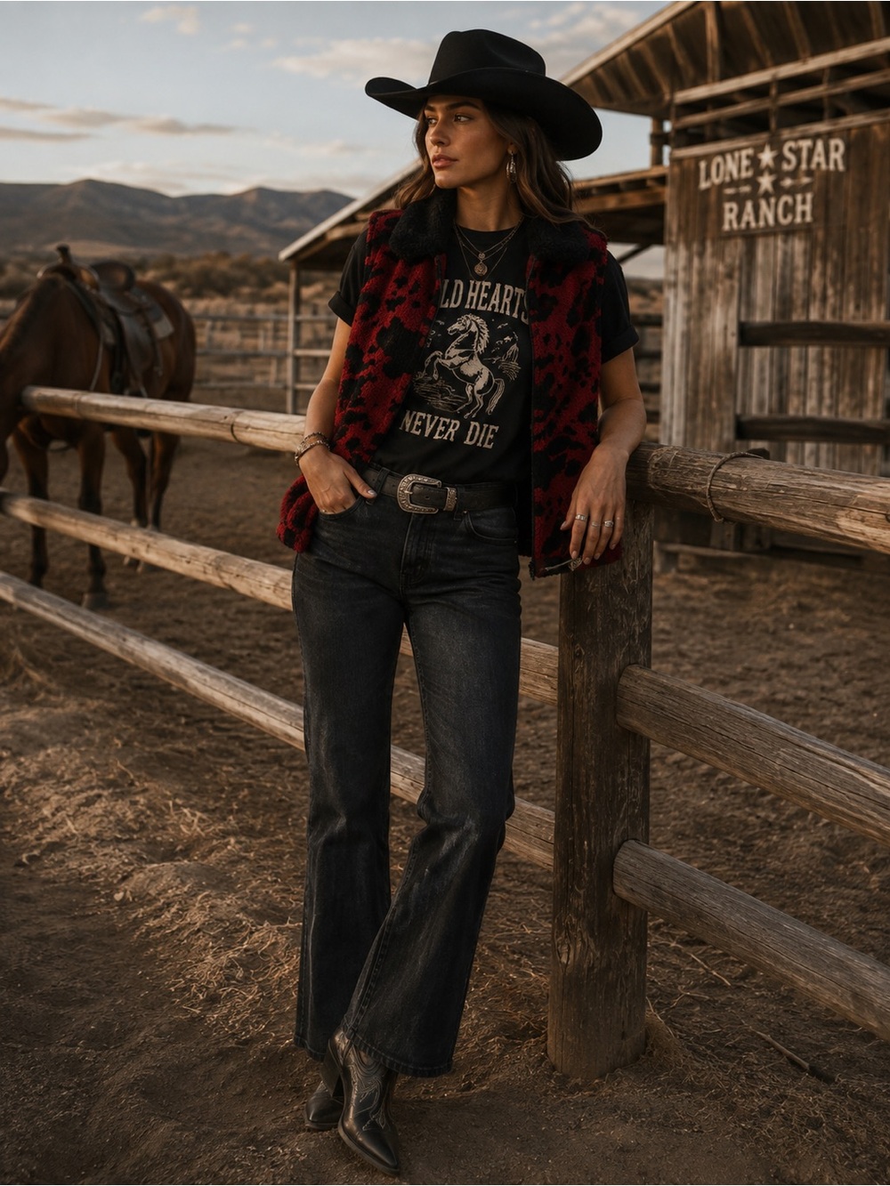 Western 90s Tally-Ho Red Black Cow Print Vest Faux Fur Collar Y2K Retro Medium